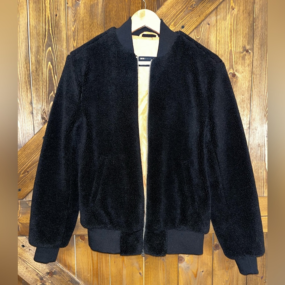 ASOS Black Faux Fur Bomber Jacket WITH ORANGE LINING INSIDE SIZE 2XS